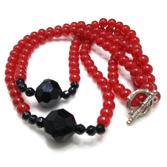 Red Black Glass Beaded Necklace, Two Strands, 18 Inches, Toggle Clasp On Wire - Picture 7 of 7